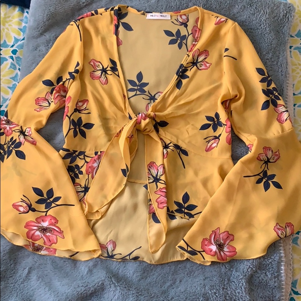 Yellow floral tie front blouse